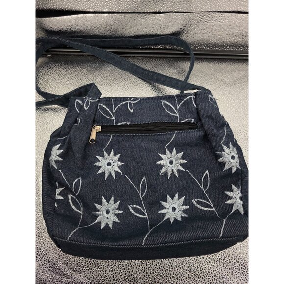 Floral Embroidered Denim Handbag With Zipper Closure & Matching Wallet Set - Picture 8 of 16